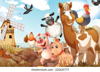 Illustration of many animals in a farm