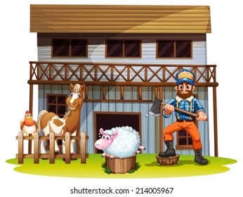 Illustration of many animals and a lumberjack