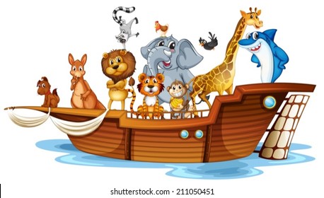 Illustration of many animals on a boat