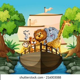 Illustration of many animals on a boat