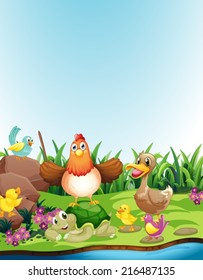 Illustration of many animals on the side of a riverbank