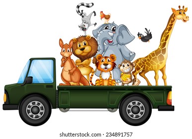 Illustration of many animals on the truck