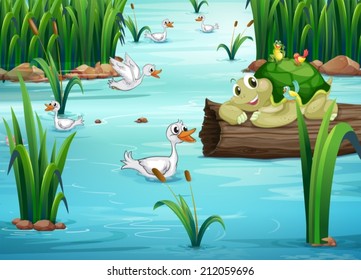 Illustration of many animals in a pond