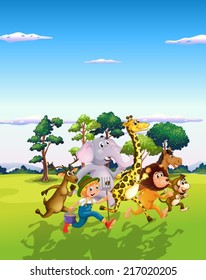 Illustration of many animals running with a farmer