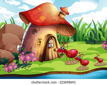 Illustration of many ants and a mushroom house