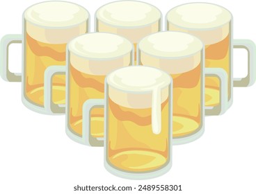 Ilustración de muchas tazas de cerveza alineadas