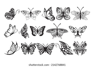 Illustration of many butterflys pattern. Black Sketch butterflys on white background.