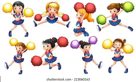 Illustration of many cheerleaders with pom pom