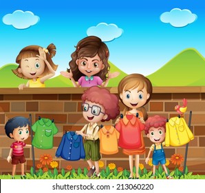 Illustration of many children doing laundry