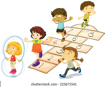 Illustration of many children playing hopscotch