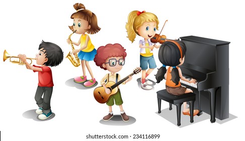 Illustration of many children playing musical instruments