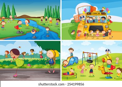 Illustration of many children playing in the park