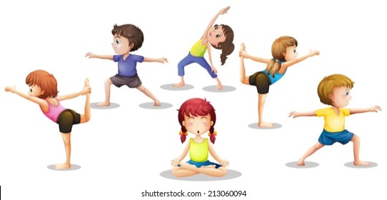 Illustration of many children stretching and meditating