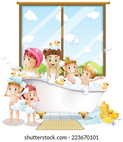 Illustration of many children taking a bath