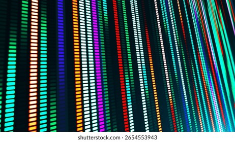 Una ilustración con muchas líneas brillantes de colores y segmentos cuadrados que van a la distancia. El efecto del movimiento de la luz de neón. Adecuado para temas relacionados con la tecnología, el futurismo y el club visual