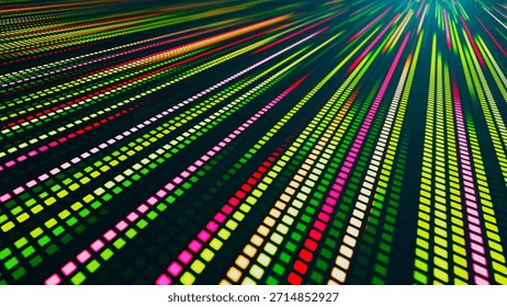 An illustration with many colored glowing lines and square segments going into the distance. The effect of movement from neon light. Suitable for themes related to technology, futurism and club visualization.