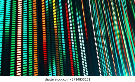 Una ilustración con muchas líneas brillantes de colores y segmentos cuadrados que van a la distancia. El efecto del movimiento de la luz de neón. Adecuado para temas relacionados con la tecnología, el futurismo y la visualización de clubes.