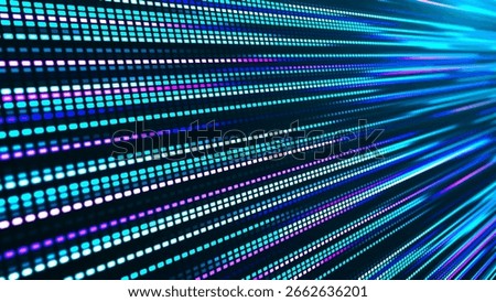 An illustration with many colored glowing lines and square segments going into the distance. The effect of movement from neon light. Suitable for themes related to technology, futurism and club visual