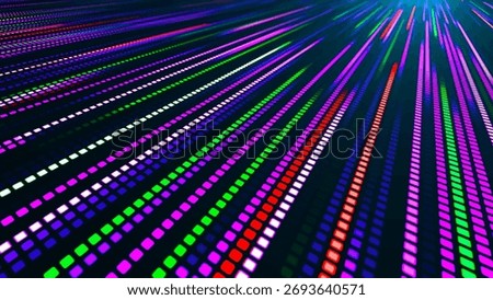 An illustration with many colored glowing lines and square segments going into the distance. The effect of movement from neon light. Suitable for themes related to technology, futurism and club visual