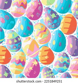 Illustration of many colorful decorated Easter eggs background pattern, red, yellow, green, blue, bright and pastel