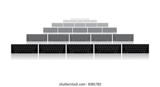 Illustration with many computer keyboards fading in distance.