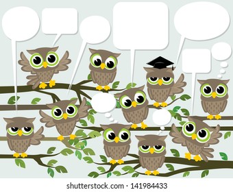 illustration of many cute owls meeting with text balloons