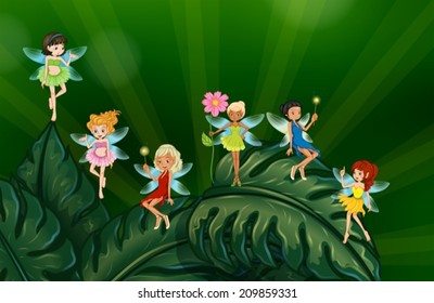 Illustration of many fairies on leaves