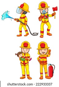 Illustration of many firemen and equipments