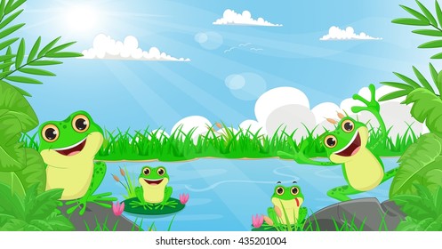 illustration of many frog playing in the river