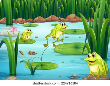 Illustration of many frogs in the pond