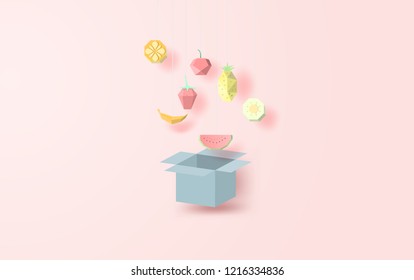 illustration of Many fruit colorful Hang on the box open the lid.Collection geometric polygonal 3d paper art style fruits,triangles,apple,Banana, orange,strawberry,pineapple,watermelon,kiwi.vector