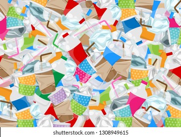 illustration of many garbage waste plastic in top view for background, pile of bottles plastic and paper garbage waste many, stack of plastic bottle paper cup waste dump, pollution garbage image