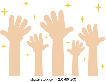 Illustration with many hands raised with glittering stars scattered around