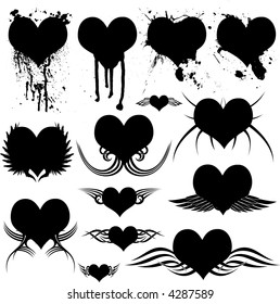 Illustration of many heart shapes with gothic and spat variation in a tattoo style