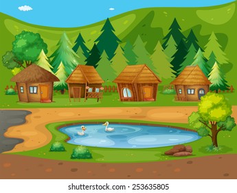 Illustration of many huts by the pond