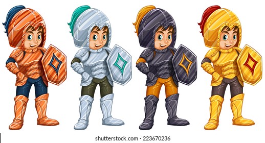 Illustration of many knights with shields