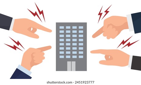 Illustration of many large hands pointing at a company, vector