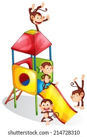 Illustration of many monkeys on a slide