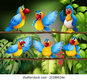 Illustration of many parrots in the jungle