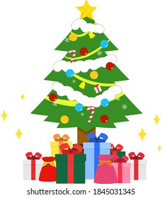 Illustration of many presents placed around the Christmas tree
