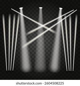 Illustration of many realistic spotlights with soft light and haze on transparent background.
Dramatic lighting, stage background. EPS10 vector illustration.
