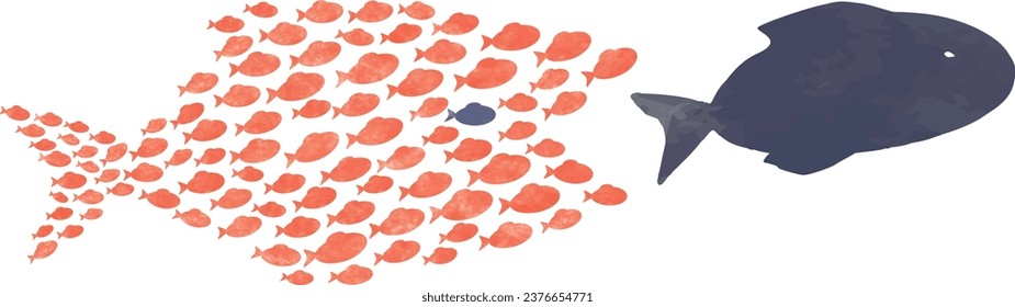 Illustration of many small fish gathering to chase a big fish