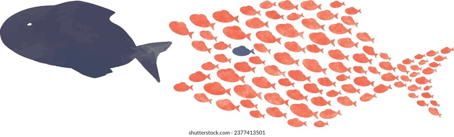 Illustration of many small fish gathering to chase a big fish