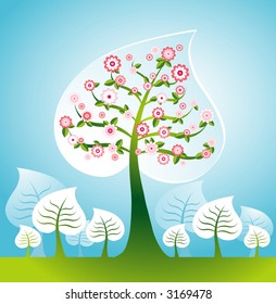 Illustration with many  trees and flower, vector illustration