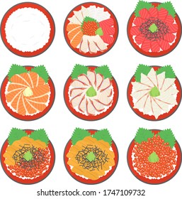 Illustration of many types of seafood bowls.