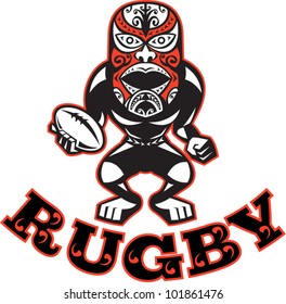 Illustration of a Maori warrior rugby player with mask standing with ball facing front on isolated white background.