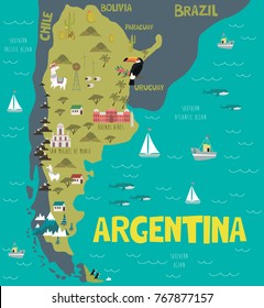 Illustration map of Argentina with nature, animals and landmarks. Editable Vector illustration