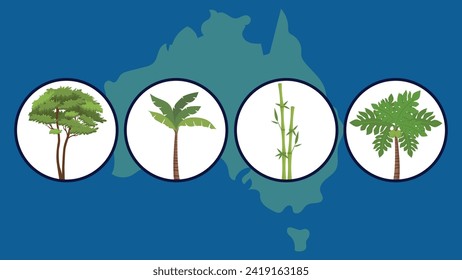 Ilustración de un mapa de Australia con árboles y vegetación sobre un fondo azul