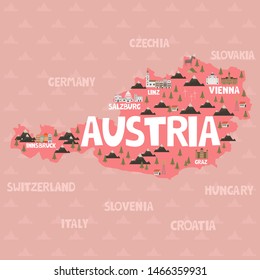 Illustration map of Austria with city, landmarks and nature. Editable vector illustration