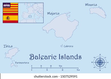 Illustration of a Map of Balearic Islands with Flags